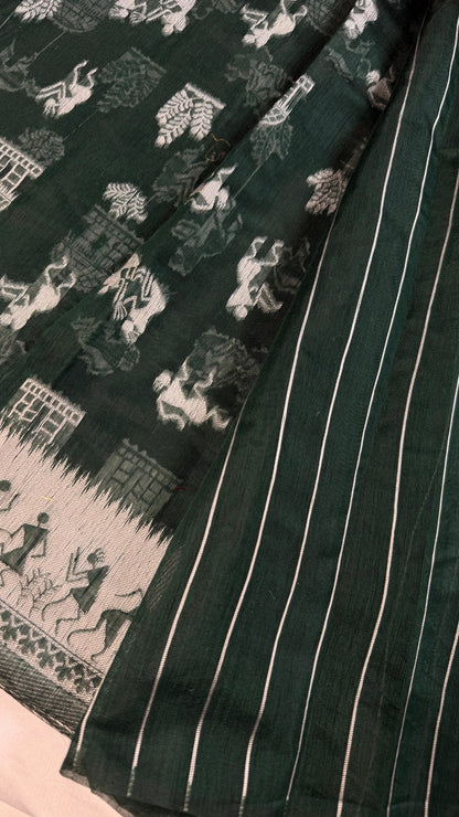 Banarashe greenn & Cream Handloom Banarasi Cotton Saree with Tribal Motifs