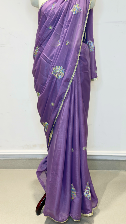 Banarashe Purple Embroidered Saree with Multicolour Peacock Motifs & Golden Lace Border