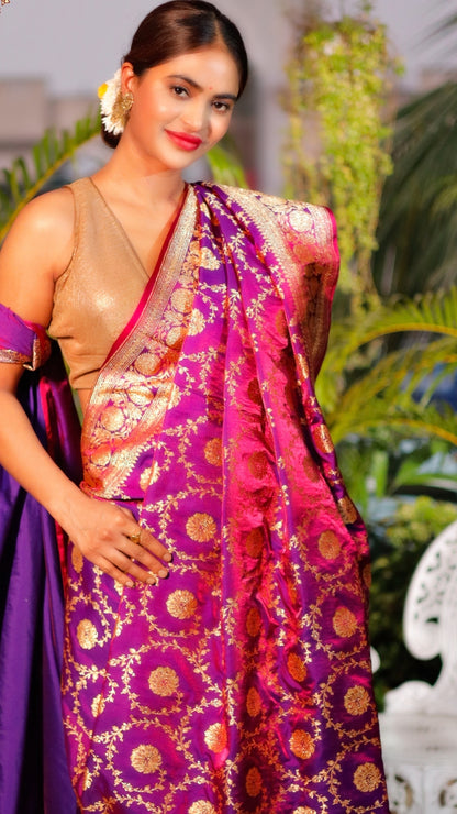 Mandakini Purple Dual Zari Pure Katan Silk Banarasi Saree