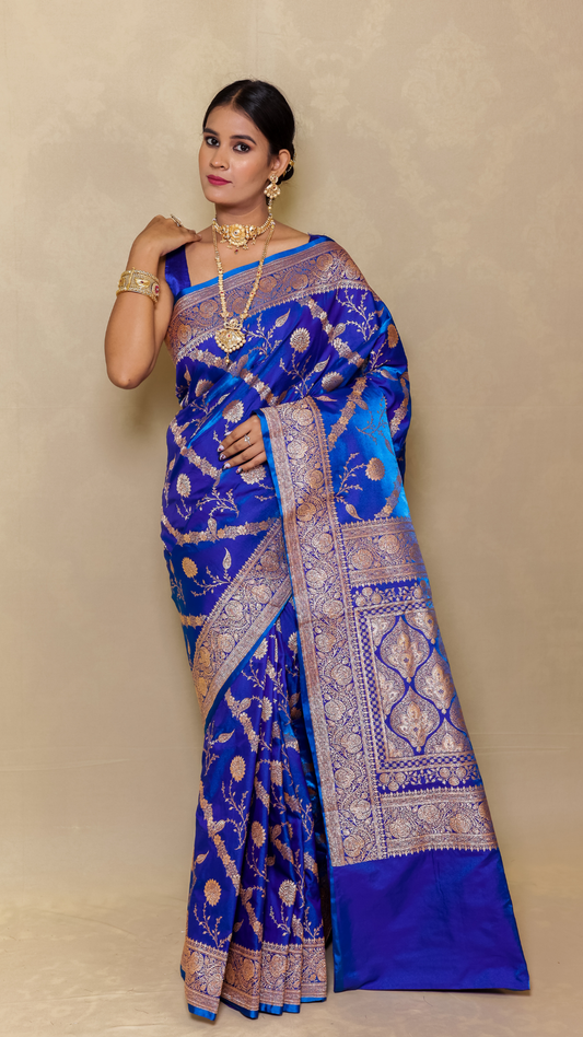 Royal Blue Moglai Jaal Katan Silk Banarasi Saree
