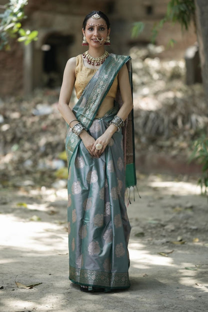 Semi Katan Zari Booti Saree – Slate Gray with Silver-Green Zari Border