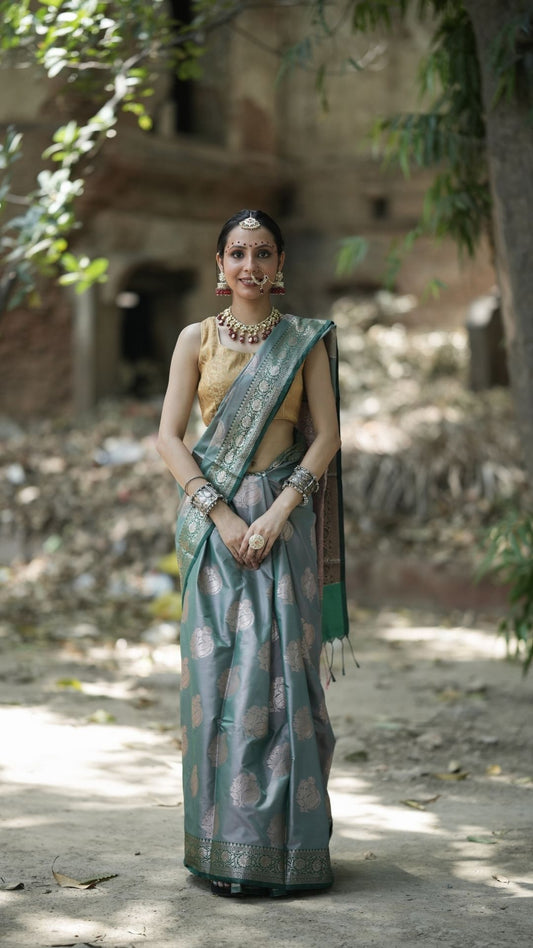 Semi Katan Zari Booti Saree – Slate Gray with Silver-Green Zari Border