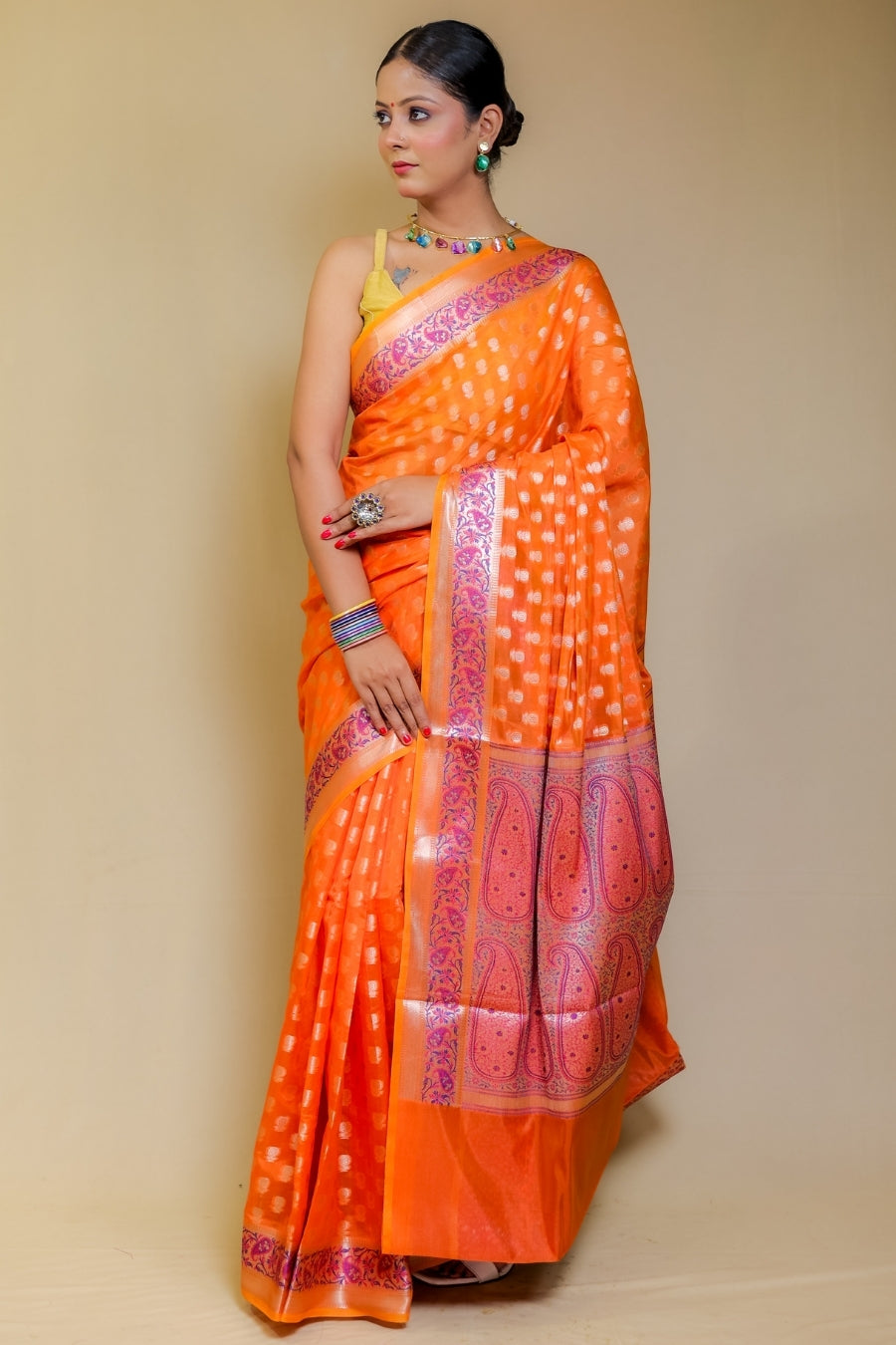 Radiant Orange Banarasi Italian Crepe Chinon Silk Saree with Paithani Style Pallu