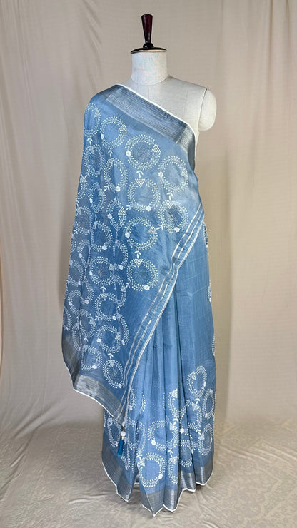 Elegant Blue tissue Saree with Embroidery border& Floral Motifs