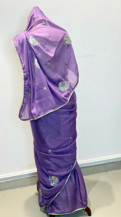 Banarashe Purple Embroidered Saree with Multicolour Peacock Motifs & Golden Lace Border