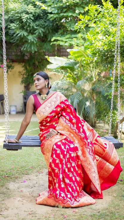 Crimson Flame Banarasi Silk Saree with Fiery Gold Zari Work