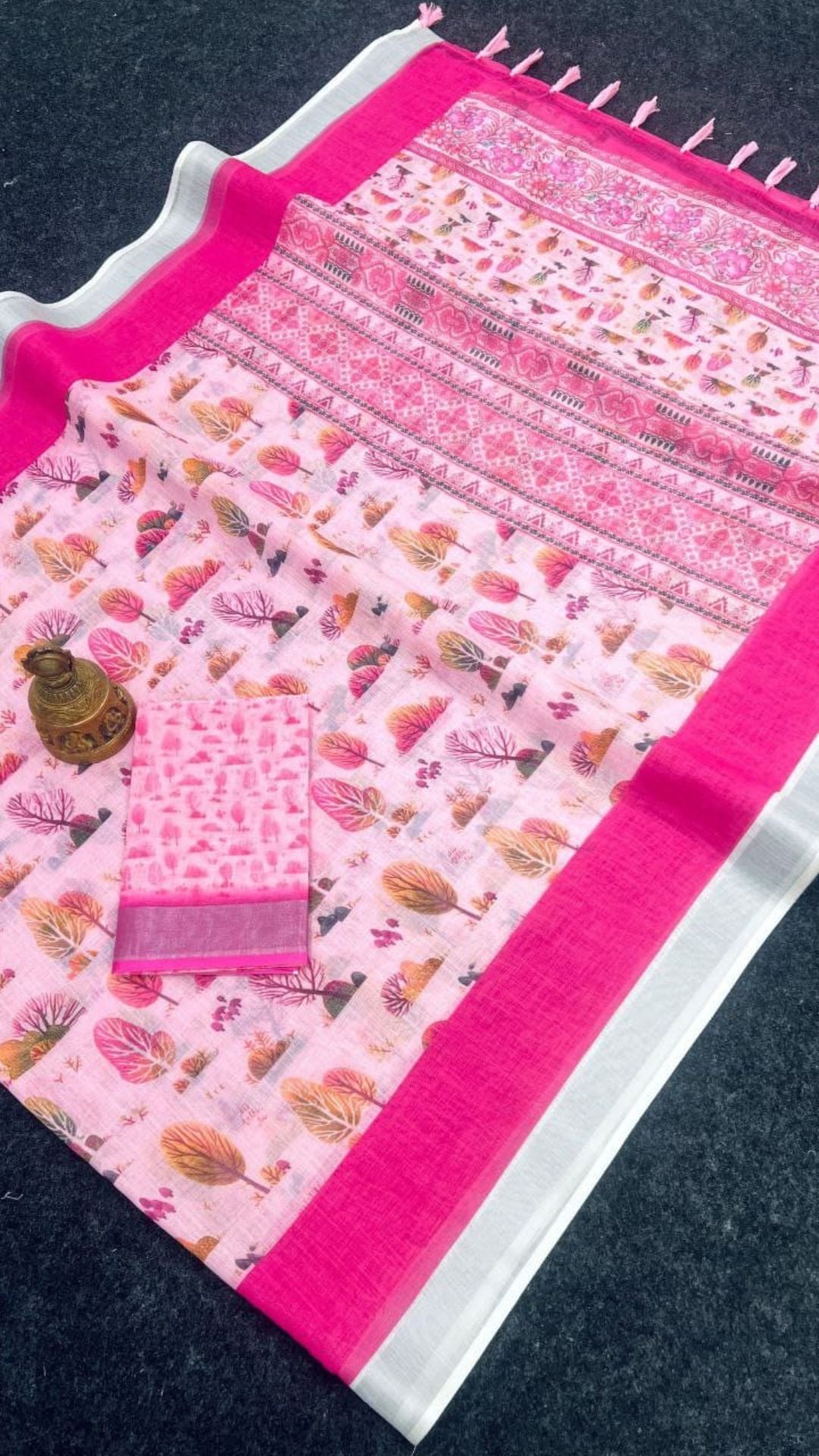 Floral Tree Print Linen Cotton Saree in Blush Pink with Zari Border