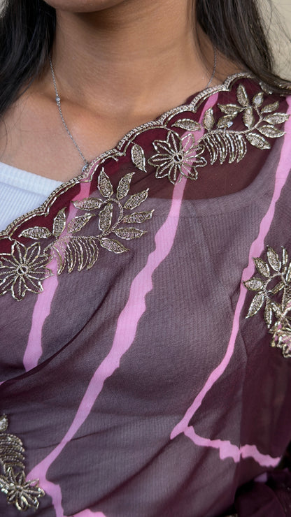 Deep Wine Leheriya Print Embellished Chiffon Saree