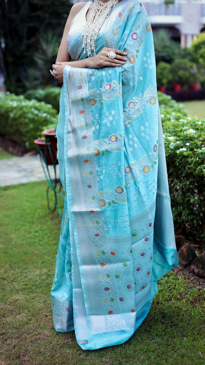 Contrast Bright Skyblue Katan Mashru Silk Saree