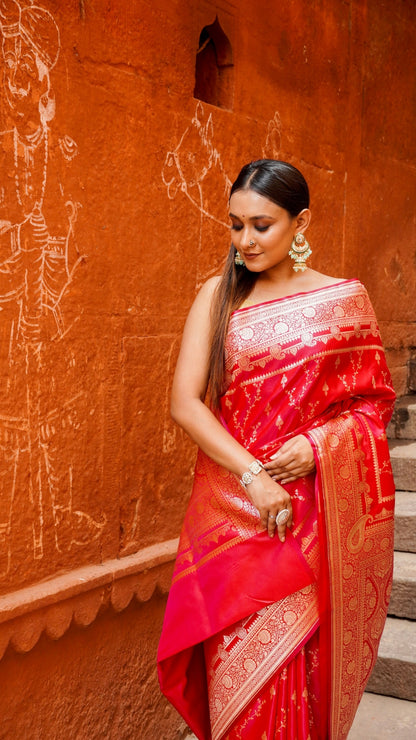 Pure Banarasi Red Flame Katan Silk Saree