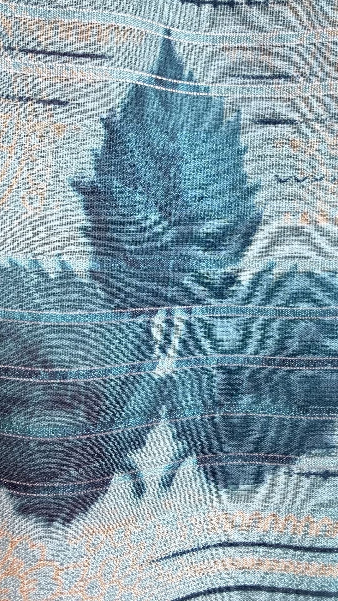 Sky Blue Printed Synthetic Saree with Leaf Print