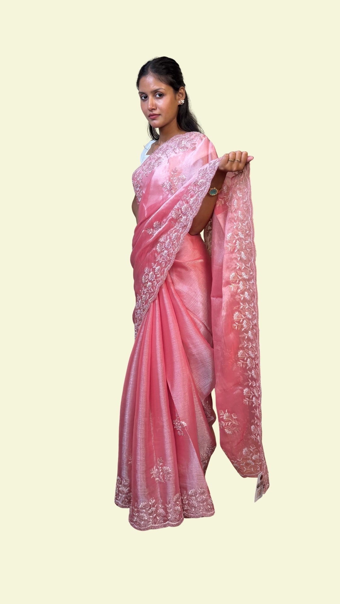 Rose Pink Floral Embroidered Crape Silk Saree