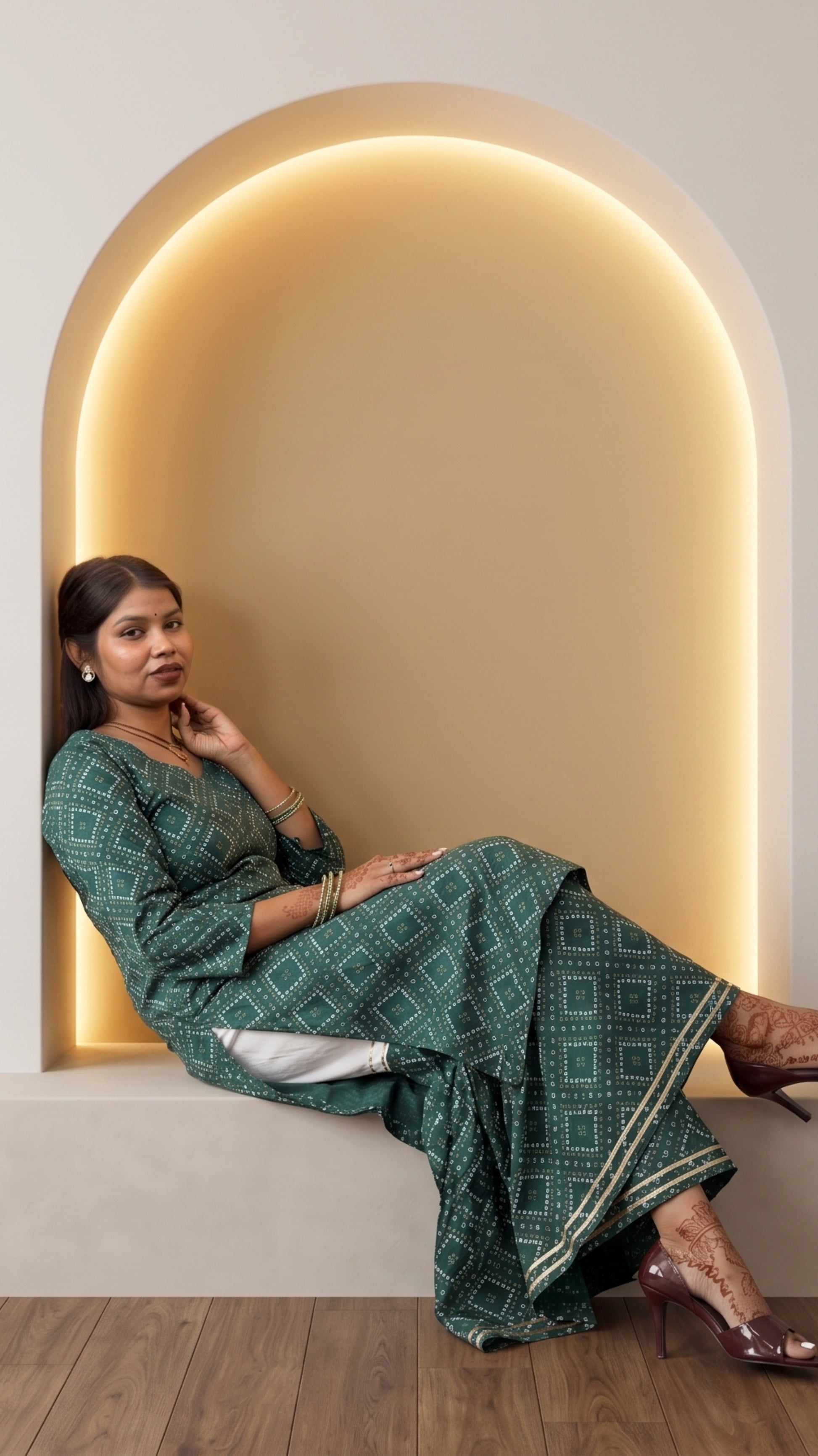Women’s Green Soft Cotton Bandhani Printed Kurta & Sharara Set