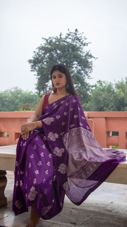 Dark Bluish Purple Semi Raw Mango katan Silk Saree