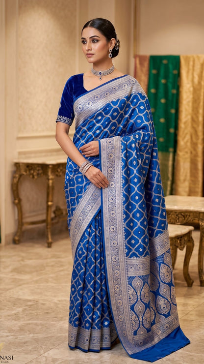 Banarashe Royal Blue Mashru Silk Saree with Silver Zari Woven Geometric Motifs, Designer Border & Pallu