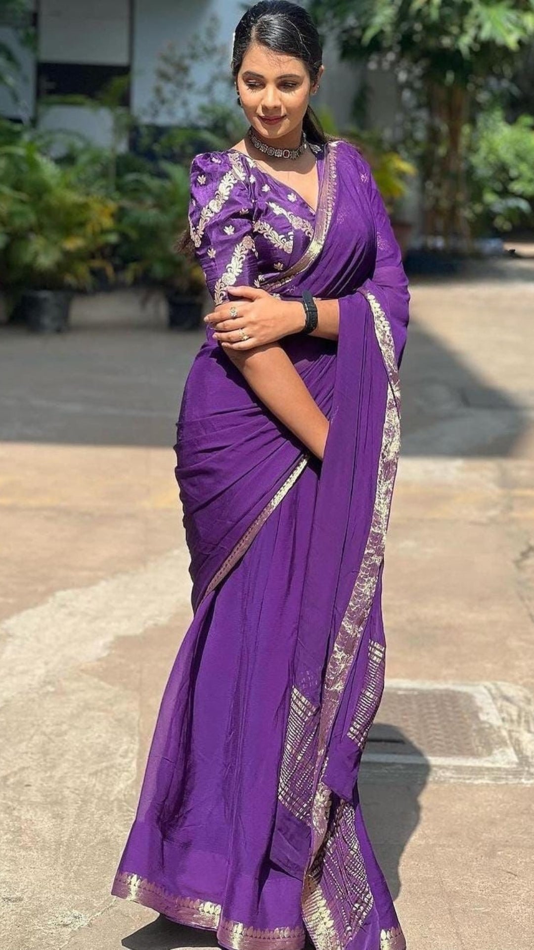 Purple Chinon Chiffon Zari Border Saree with Brocade Blouse