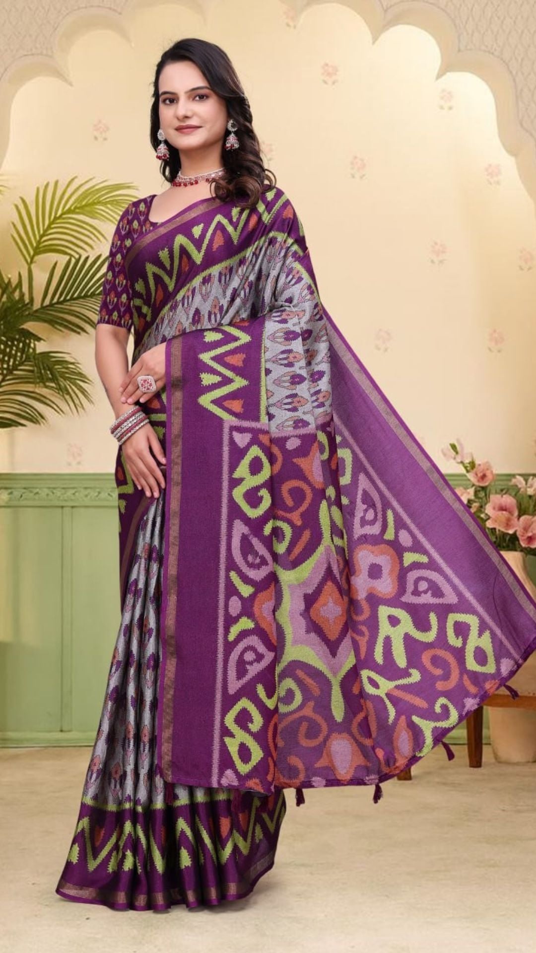 Purple & Grey Mal Cotton Printed Saree with Designer Blouse Piece