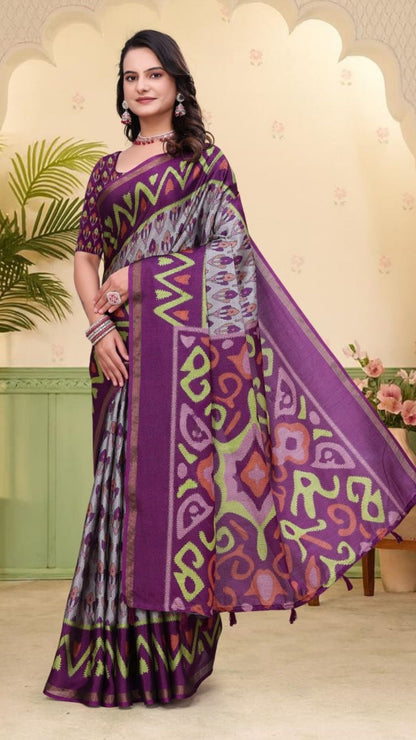 Purple & Grey Mal Cotton Printed Saree with Designer Blouse Piece