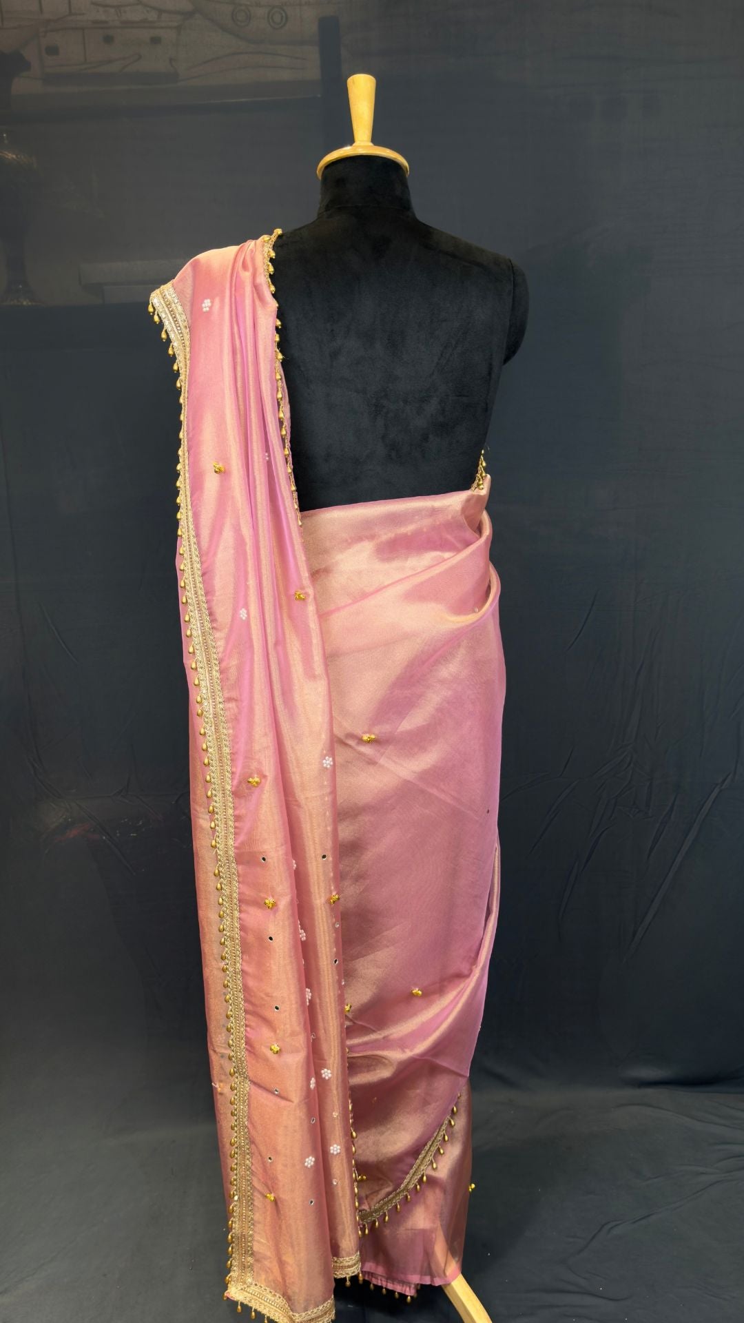 Pink Tissue Ghungroo Mirror Work Saree