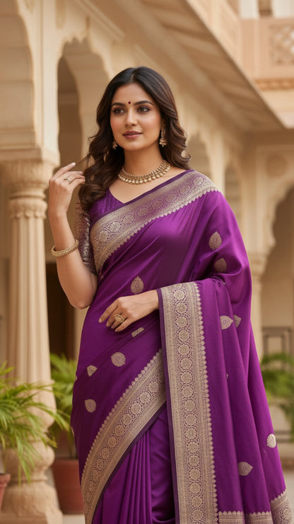 Banarashe Luxurious Royal Purple Banarasi Silk Saree with Gold Zari Paisley Pallu