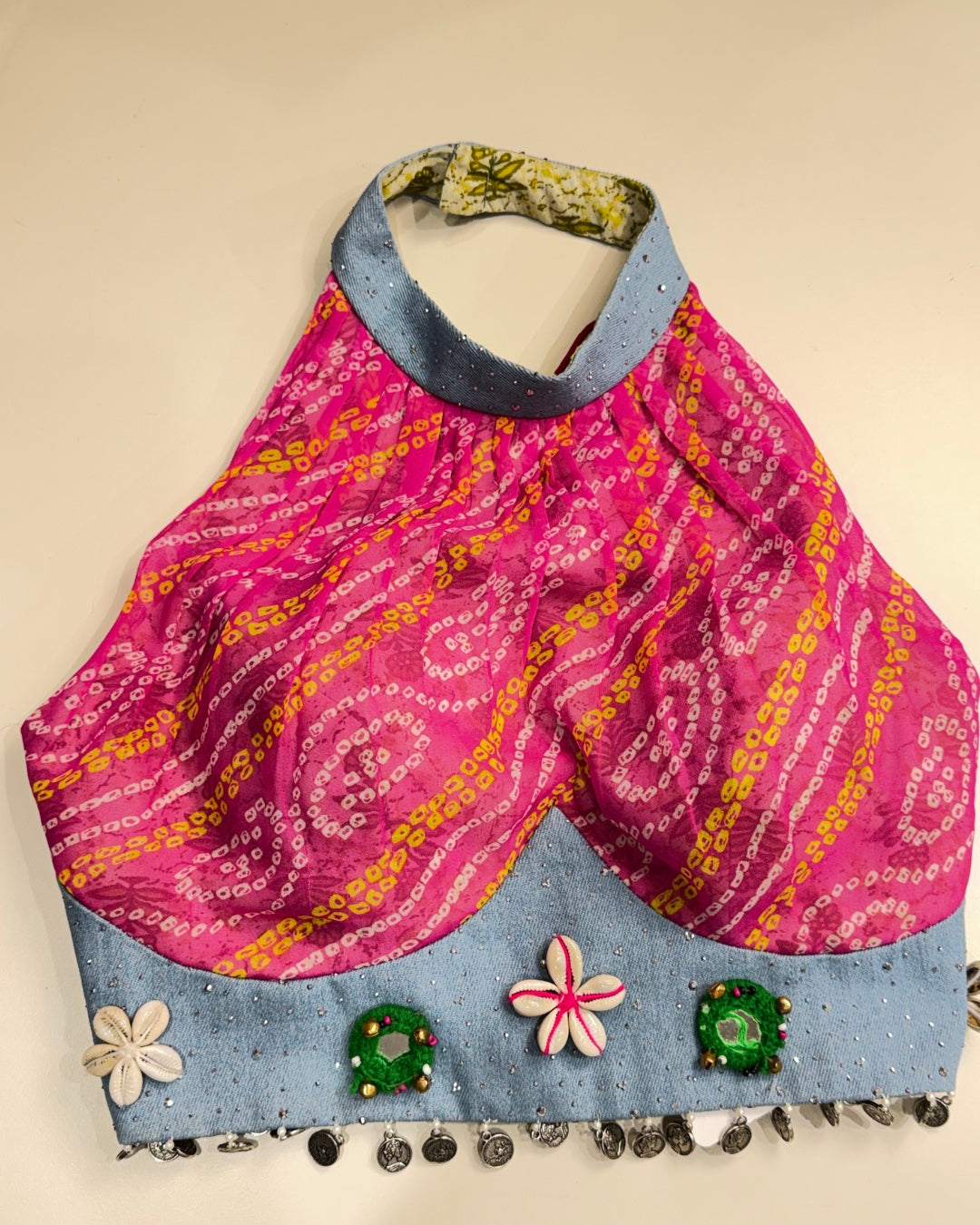 Pink Bandhani Halter Neck Blouse with Denim Detail & Shell work