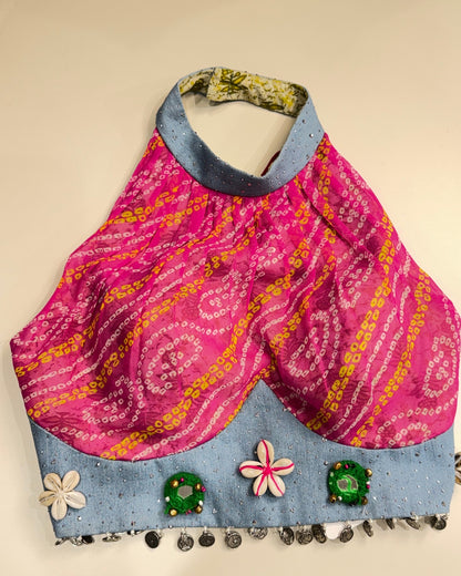 Pink Bandhani Halter Neck Blouse with Denim Detail & Shell work
