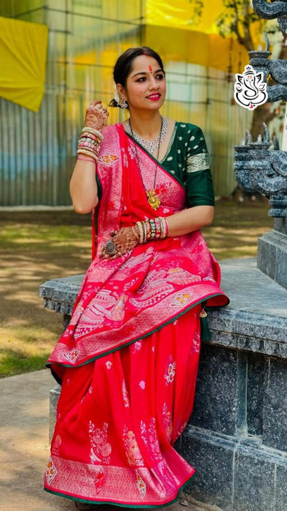 Pure Red Dola Banarasi Saree with All-Over Zari Weaving