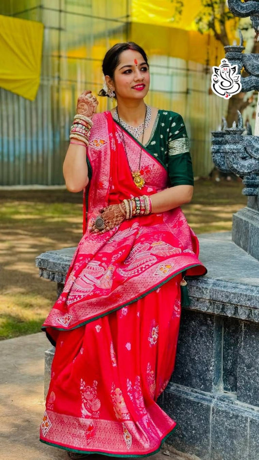 Pure Red Dola Banarasi Saree with All-Over Zari Weaving