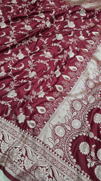 Mehroon Banarasi Mashroo Katan Silk Saree with Jaal Weaving