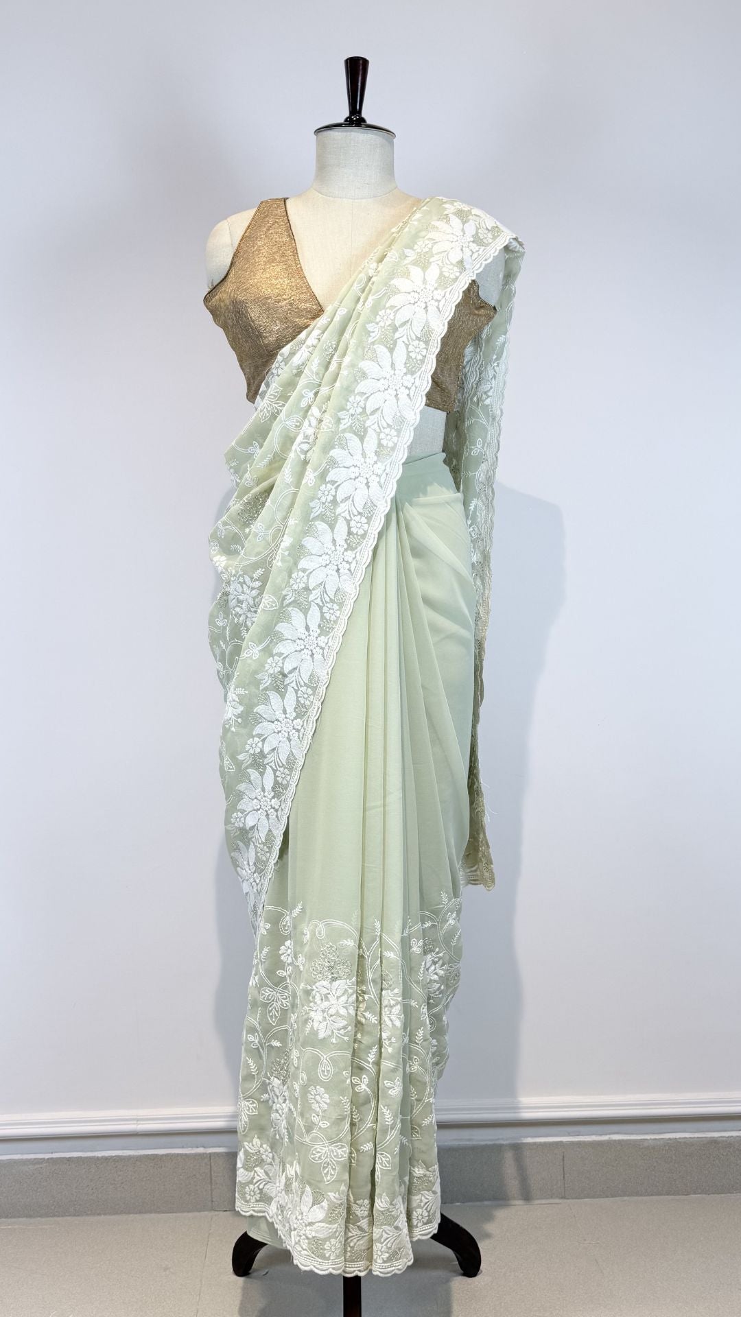 Mint Green Semi Chikankari Saree for Women with Floral Embroidery