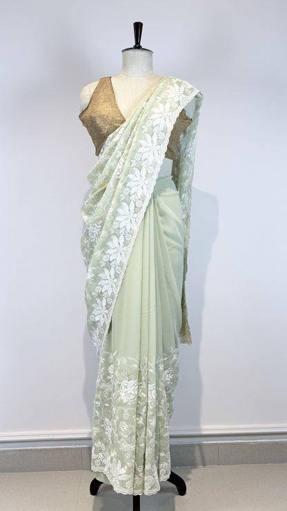 Mint Green Semi Chikankari Saree for Women with Floral Embroidery