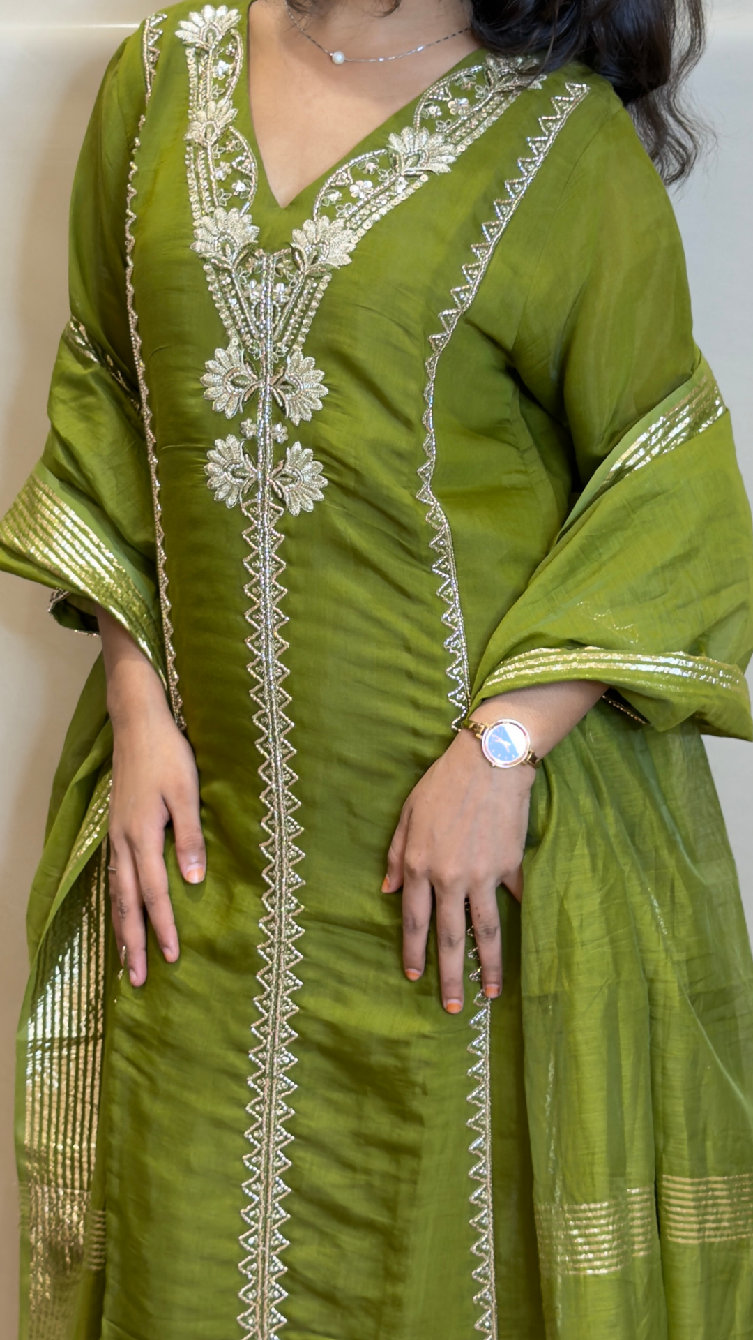 The Royal Olive Zari Embroidered Silk Suit Set