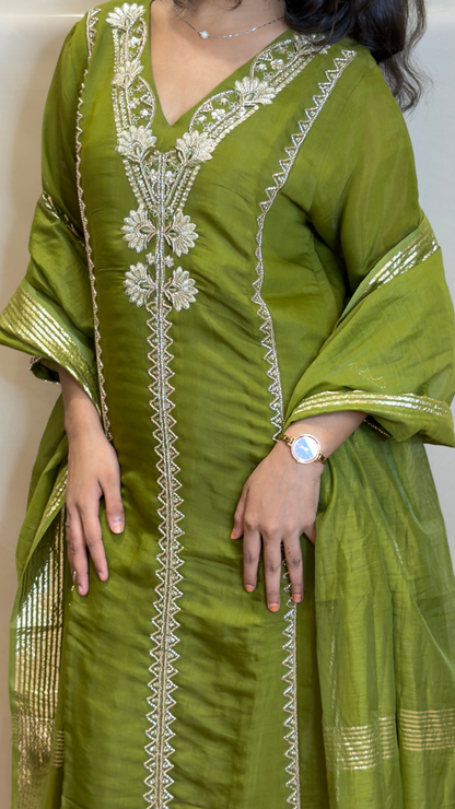The Royal Olive Zari Embroidered Silk Suit Set