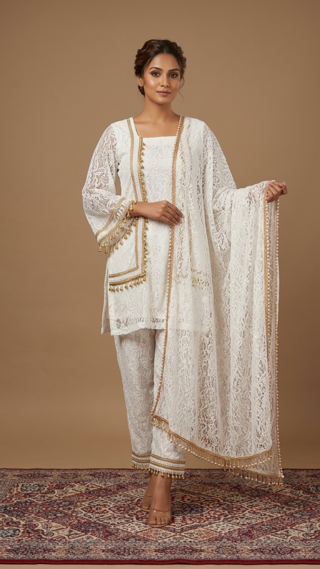 Banarashe Women’s Ivory White Lace-Textured Kurta with Straight Pants and Dupatta Set