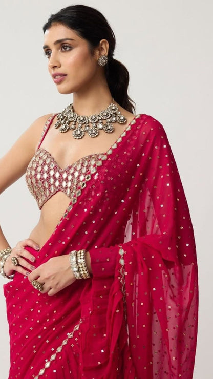 Red Sequin Crush Pleated Saree with Mirror Blouse