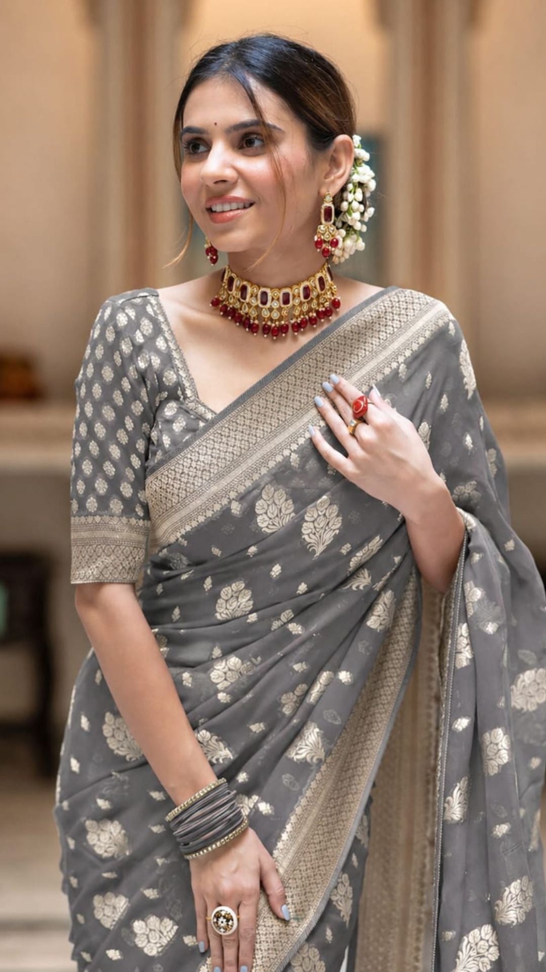 Elegant Grey Banarasi Georgette Silk Saree with Zari Work