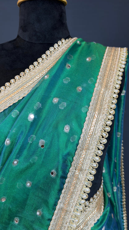 Banarasi Premium Emerald Green Mirror Work Tissue Saree