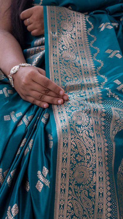 Dark Teal Blue Katan Mashru Silk Saree
