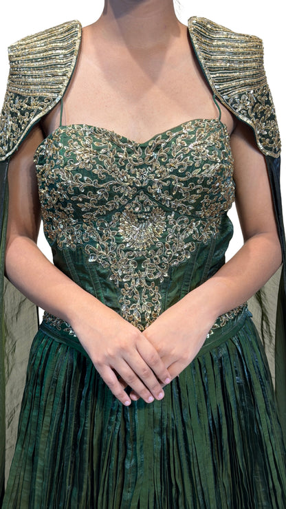 The Royal Emerald Corset Gown with Embellished Cape