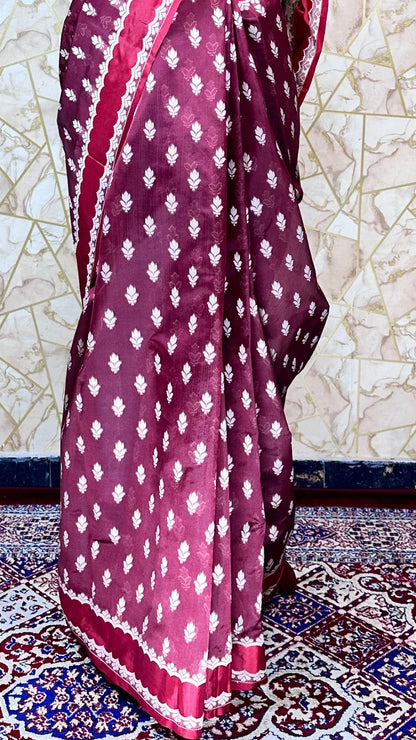 Elegant Maroon Georgette Saree with White Boota Work