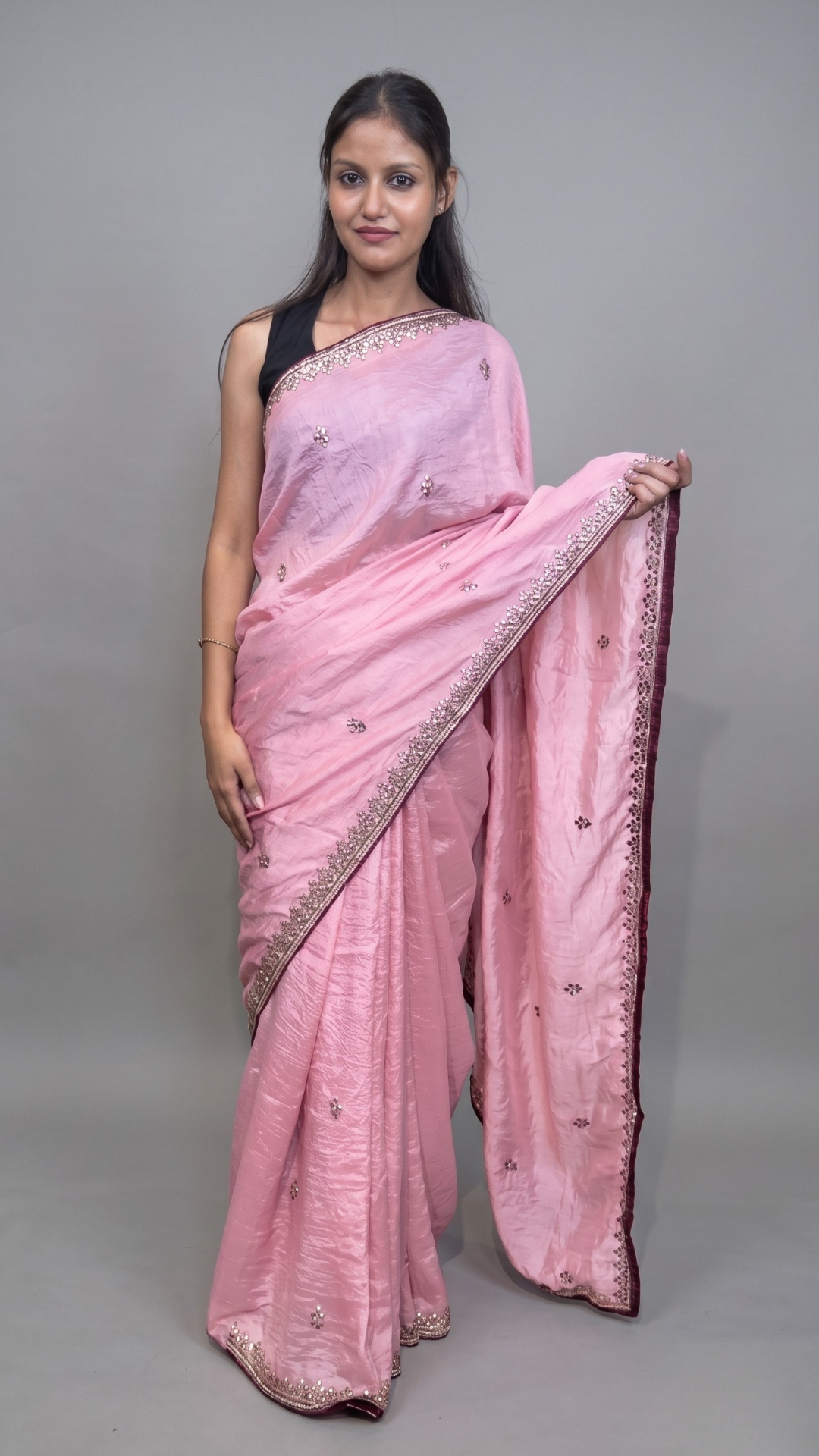 Banarashe Blush Pink Tissue Saree with Delicate Zari Border