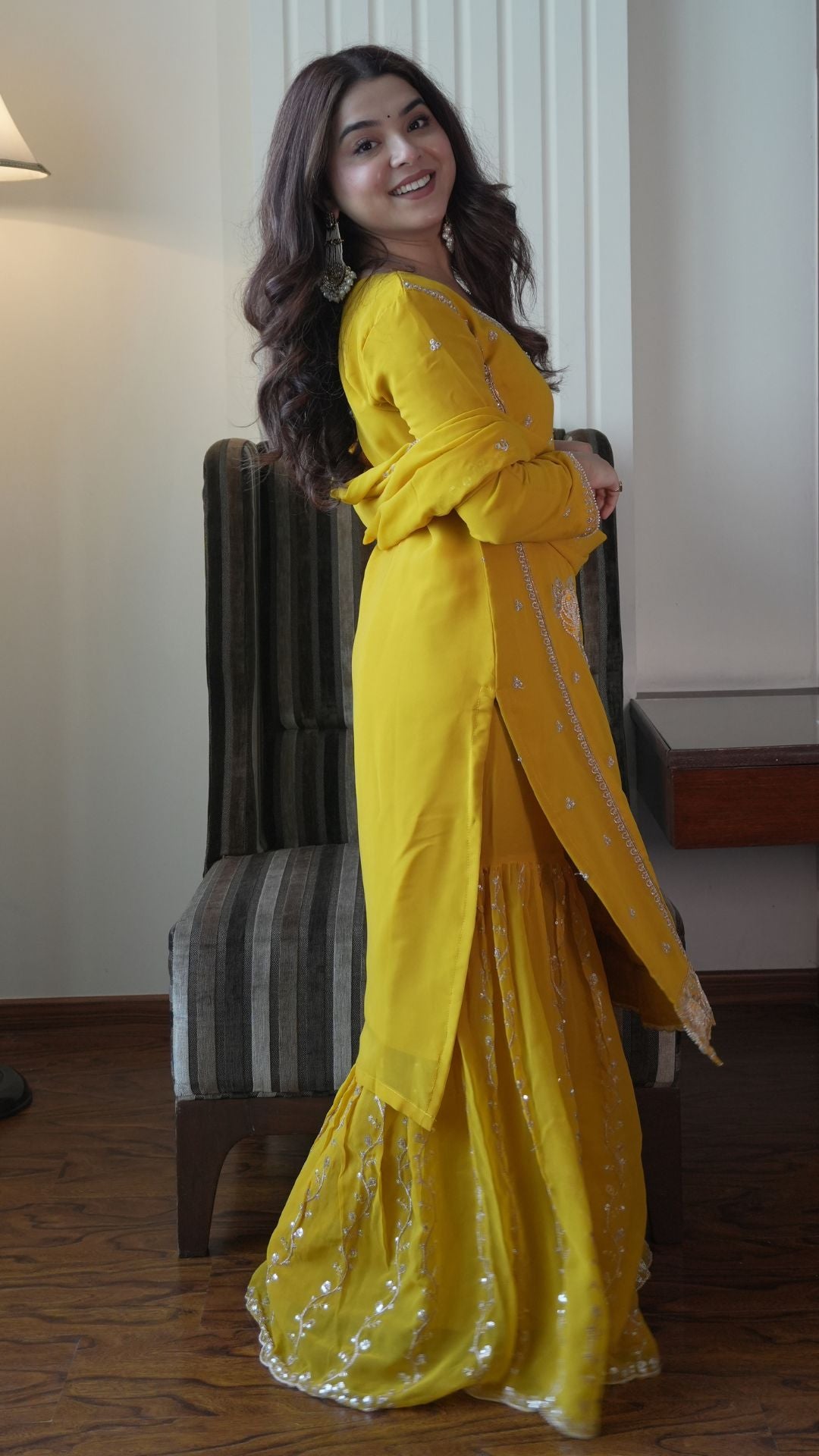 Women’s Yellow Embroidered Gharara Suit Set with Dupatta for Wedding & Festive Wear