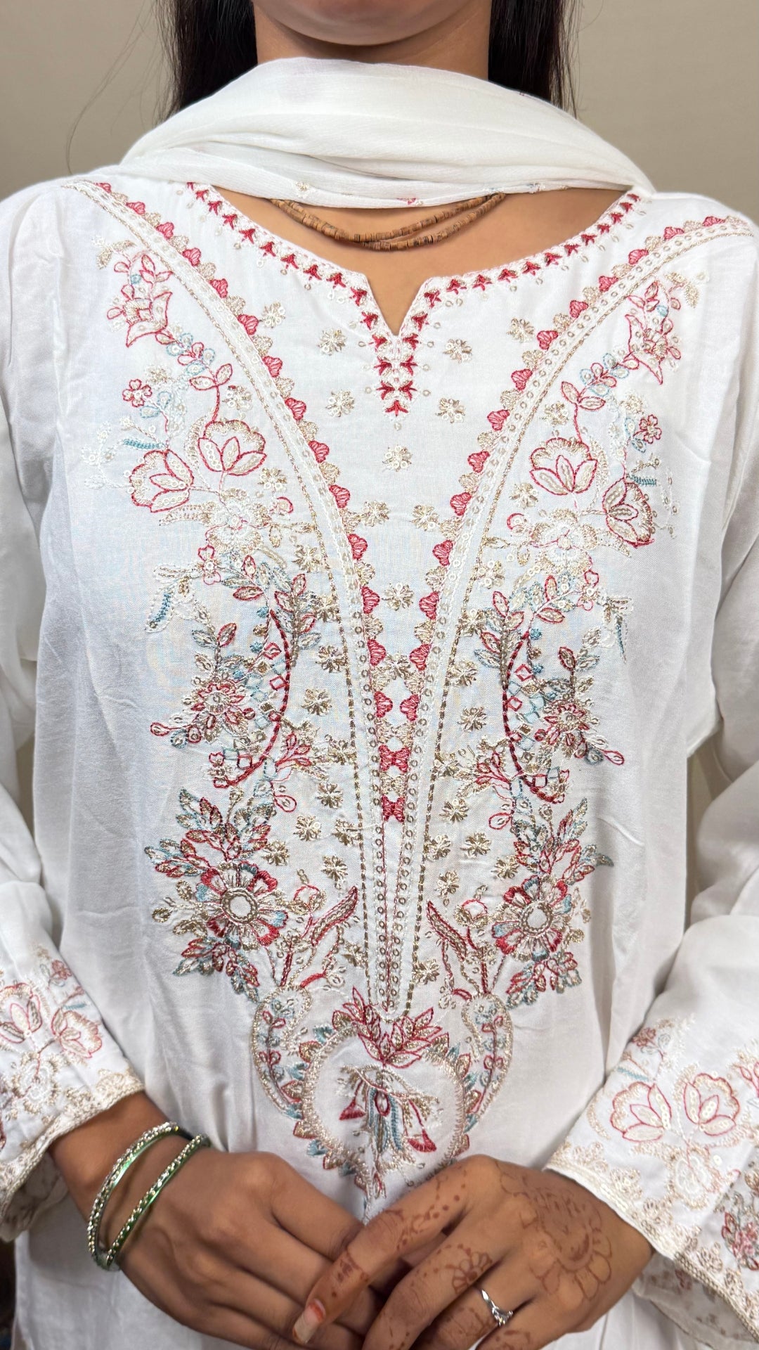 Women’s White Cotton Embroidered 3 Piece Kurta Pant Dupatta Set