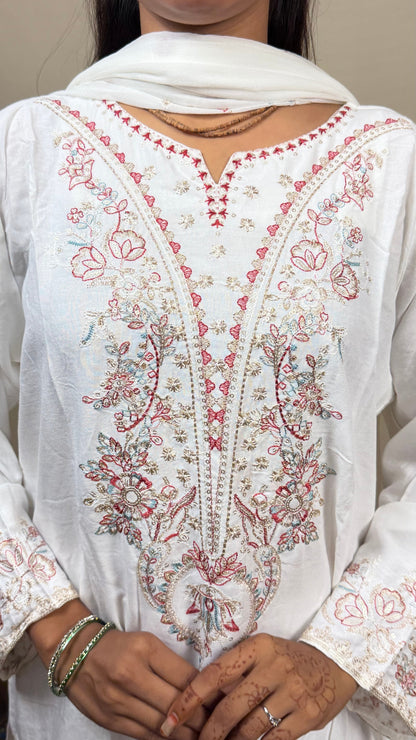 Women’s White Cotton Embroidered 3 Piece Kurta Pant Dupatta Set