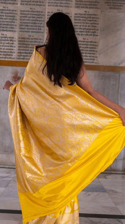 Yellow Floral Katan Mashru Silk Saree