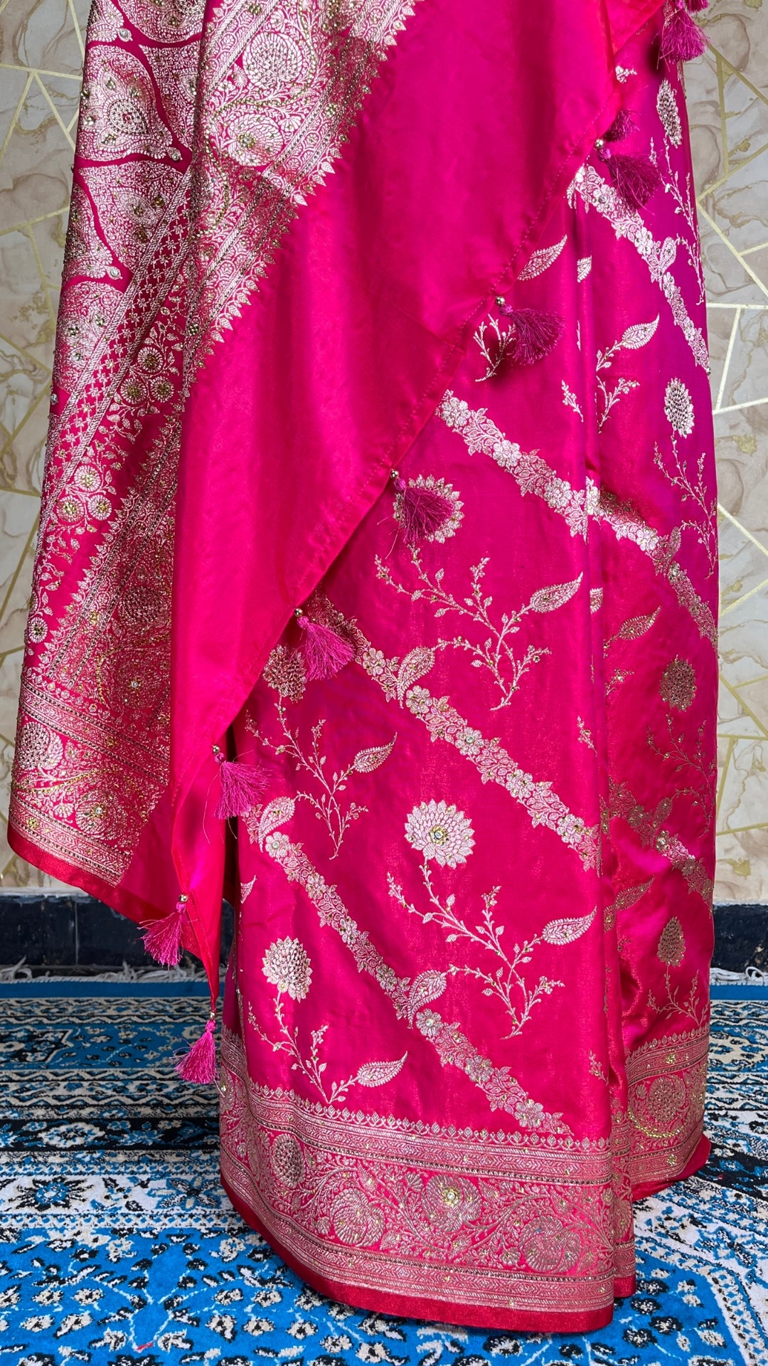 Elegant Pink Banarasi katan Silk Saree with Gold Zari Floral Embroidery & Tassel Pallu