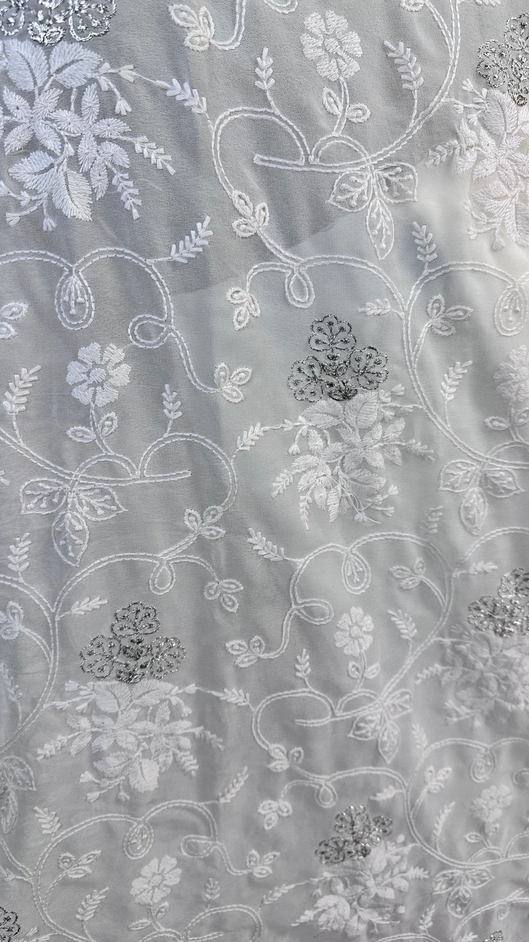 Elegant White chikankari Saree with White Floral Embroidery,