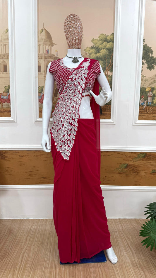 Mahroon Faux Georgette Ready-to-Wear Drape Saree