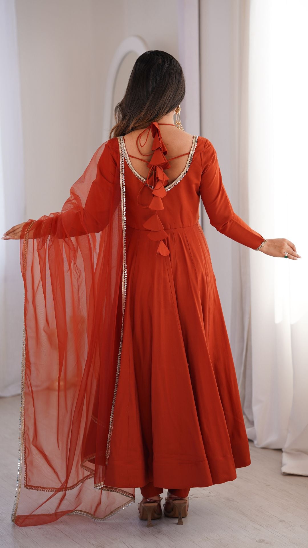 Rust Roman Silk Chanderi Anarkali Set