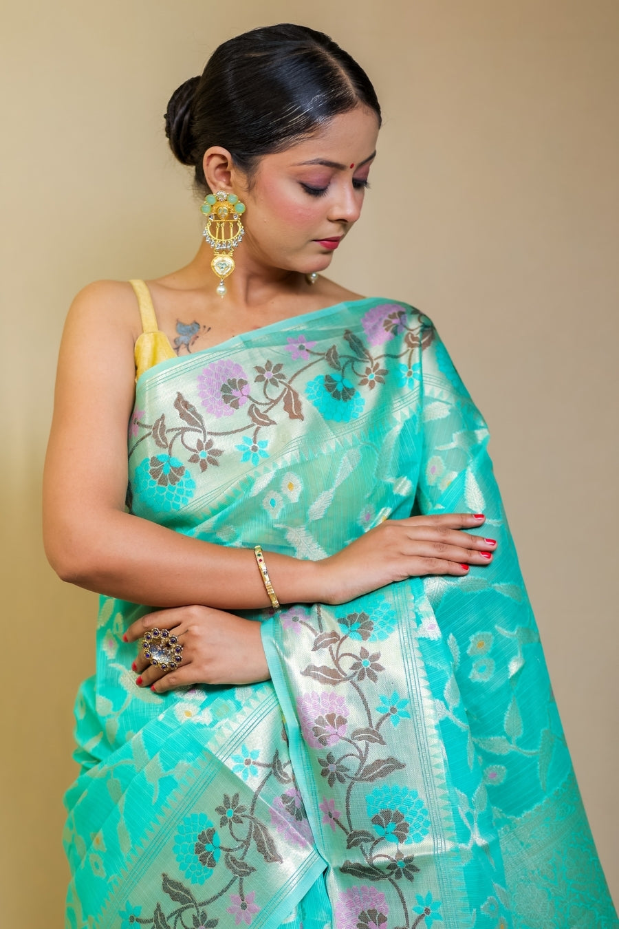 Banarashe Aqua Blue SuperNet Banarasi Kora Paithani Saree